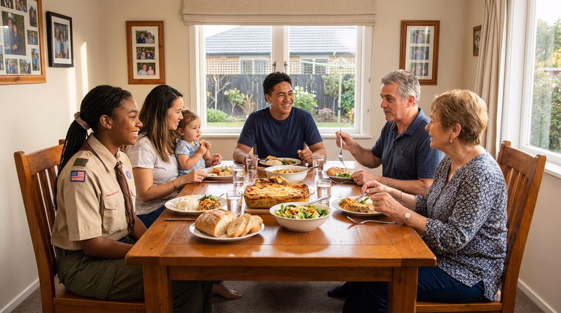 A family of different ages sharing a meal together around a table, engaged in conversation