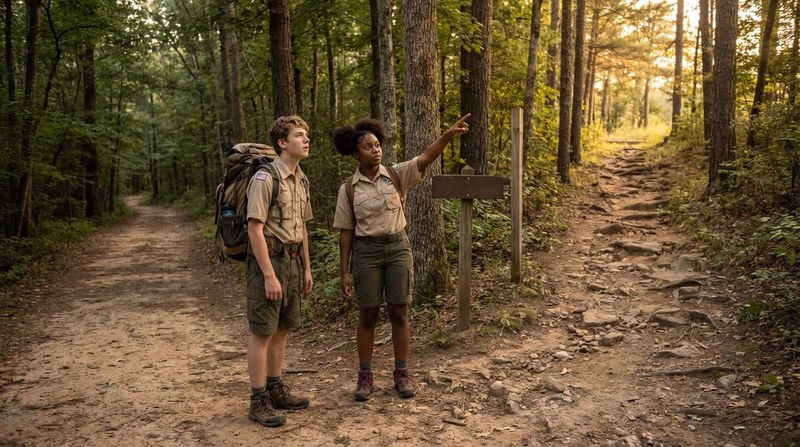 A person standing at a crossroads with two paths, one easy and one challenging but leading upward, symbolizing an ethical choice