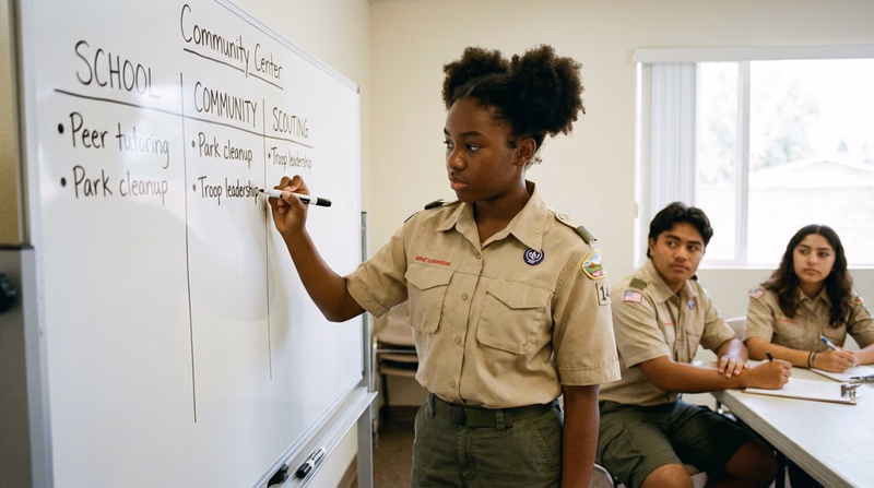 A Scout writing out an action plan on a whiteboard, with categories like School, Community, and Scouting visible