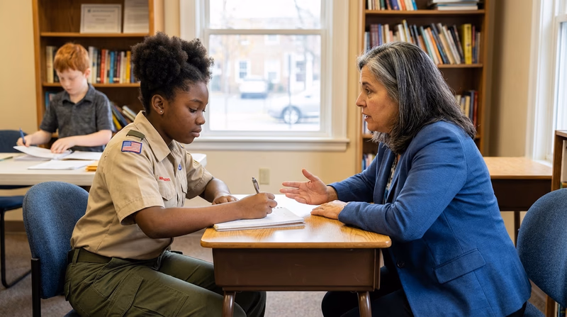 A Scout sitting across from a community leader, notebook in hand, conducting an interview in a community center or office