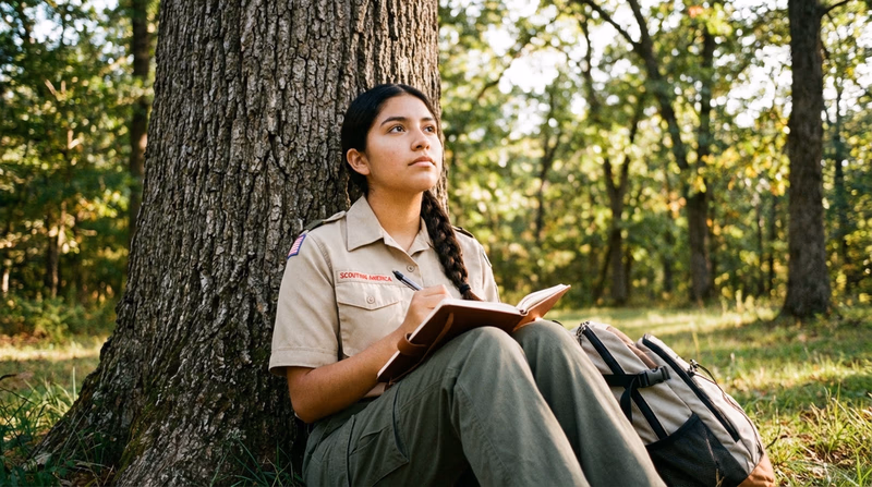 A Scout sitting under a tree writing in a journal, looking thoughtful, with a natural outdoor setting