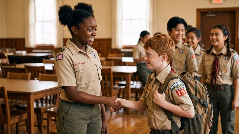 An experienced Scout shaking hands with a new Scout at a troop meeting, other Scouts smiling in the background