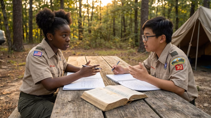 Two Scouts sitting at a table with notebooks, discussing ideas and writing, with a Scout handbook visible