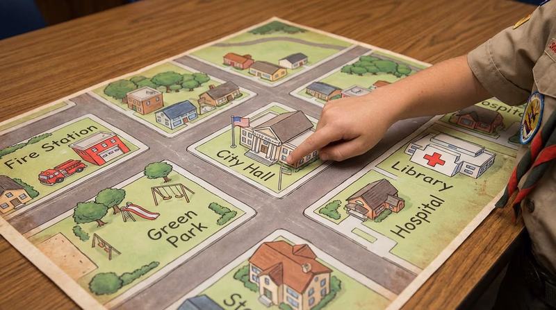 An illustrated bird's-eye view of a small town showing labeled landmarks including a city hall, fire station, park, library, and hospital