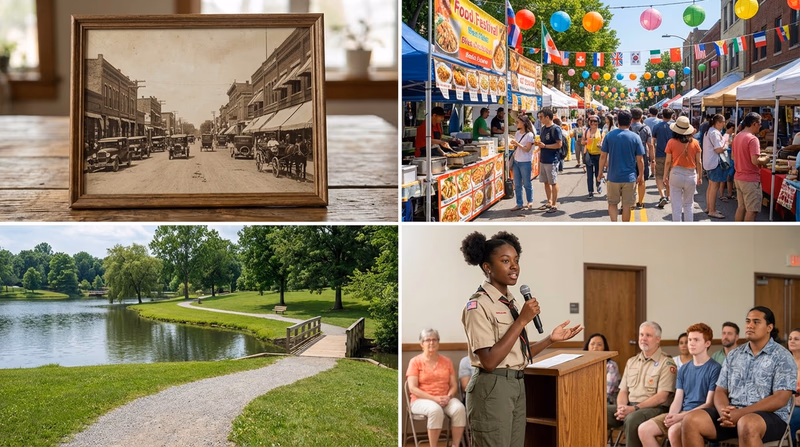 A montage showing elements of a community presentation: a historic photo, a cultural festival scene, a beautiful park, and a Scout speaking to an audience