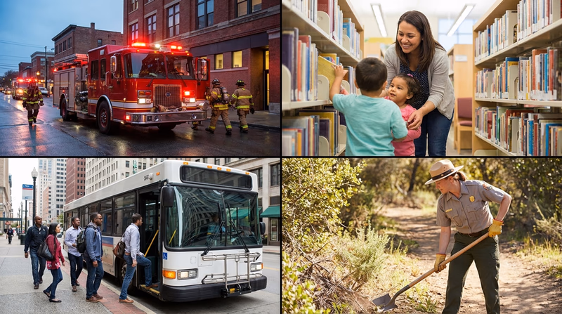 A split-scene illustration showing four taxpayer-funded services in action: a fire truck responding, a librarian helping a young patron, a bus at a stop, and a park ranger maintaining a trail
