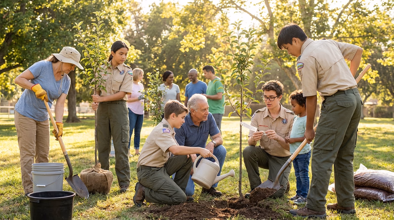 Scouts in clean uniforms working alongside community members to plant trees in a neighborhood park on a sunny day