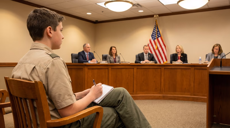 A Scout sitting in the audience of a city council meeting, taking notes in a notebook, with council members seated at a raised dais in the background