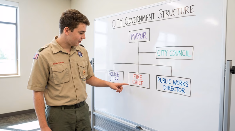 A clean, colorful organizational chart showing the structure of a typical city government with the mayor at the top, city council beside them, and department heads below