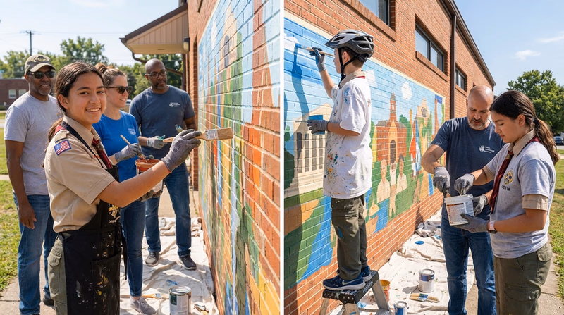 A group of Scouts in clean uniforms working alongside adult volunteers to paint a mural on the side of a community center building, wearing work clothes over their uniforms