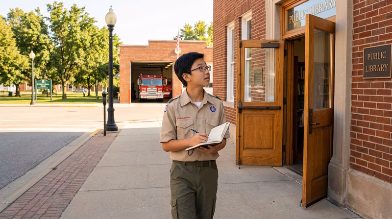 A Scout walking through their town past a library, fire station, and public park, looking around with curiosity and a notebook in hand