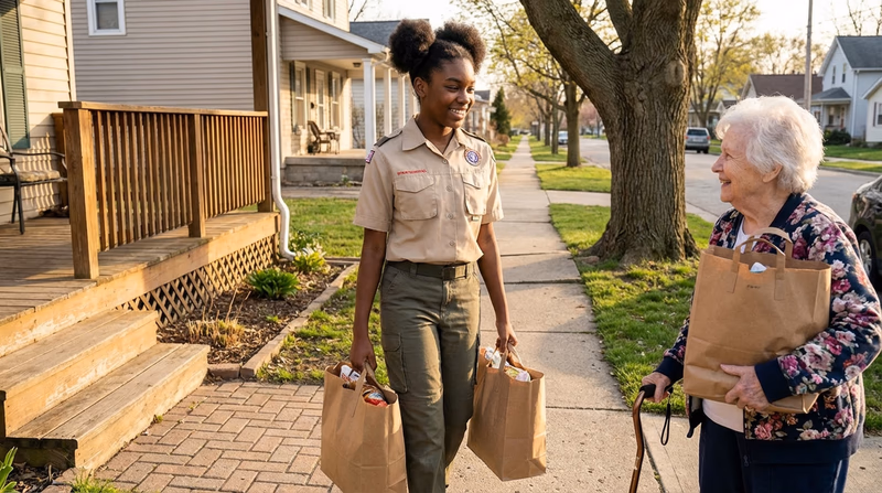 A Scout in a clean uniform shaking hands with an elderly neighbor while helping carry groceries on a residential sidewalk