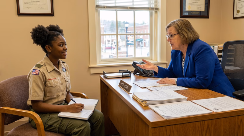 A Scout in clean uniform sitting across a desk from a friendly government official in an office, with the Scout taking notes and both smiling