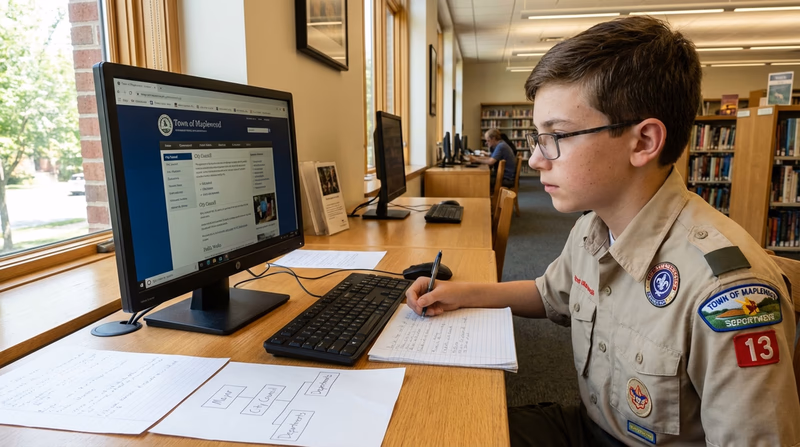 A Scout at a library computer researching their local government website, with notes and a hand-drawn org chart on the desk beside them