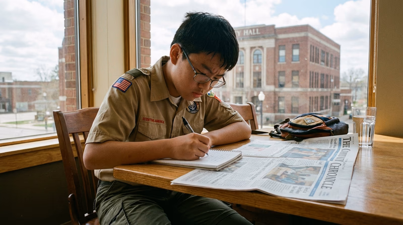 A Scout reviewing a local newspaper and taking notes about a community issue, with a city hall visible through a window in the background