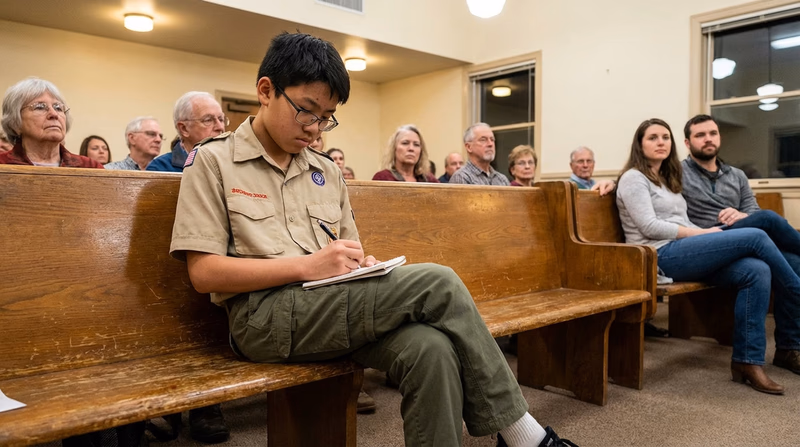 A Scout sitting in the gallery of a courtroom or meeting hall, attentively writing notes with a focused expression