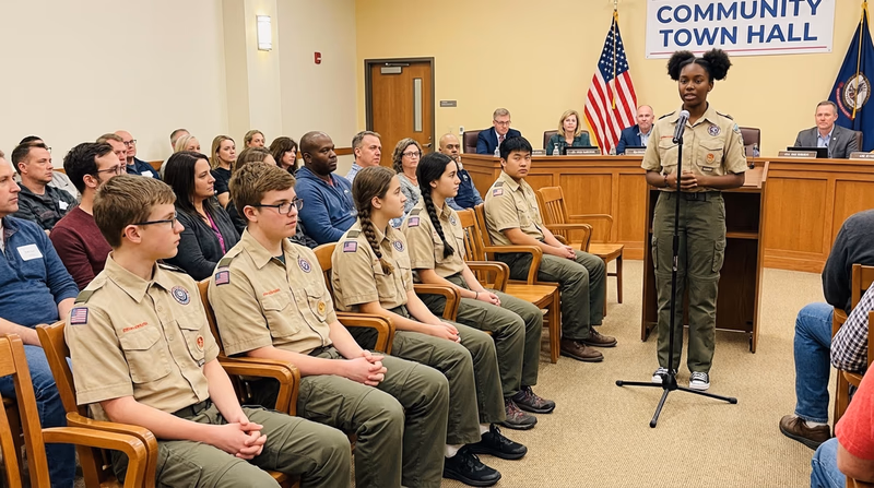 Scouts of diverse backgrounds participating in a community town hall meeting, some seated in the audience and one standing at a microphone