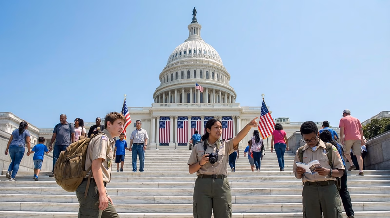 The U.S. Capitol building viewed from the front steps, with visitors walking up the wide staircase on a bright day
