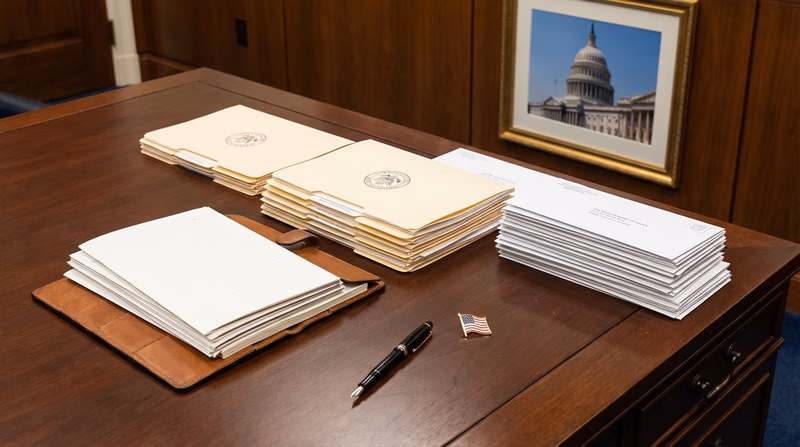 An overhead view of a large desk in a congressional office with neatly stacked letters, an American flag pin on the desk, and a framed photo of the U.S. Capitol on the wall