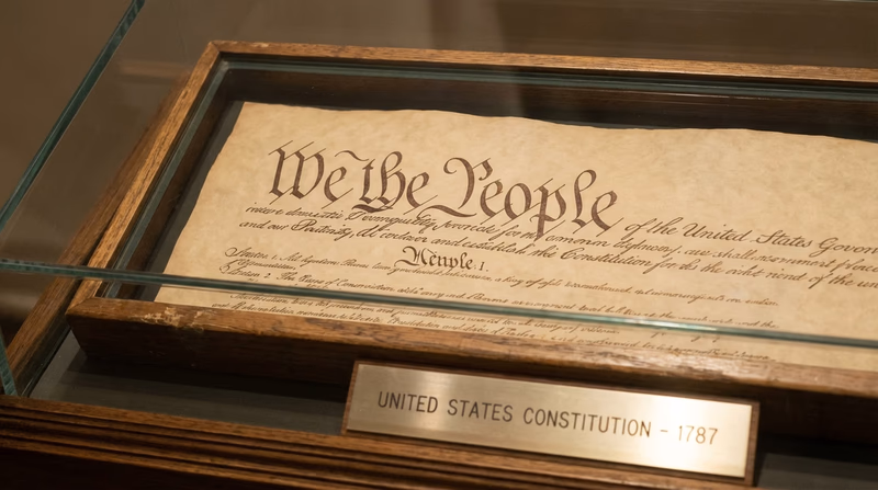 A close-up view of the opening lines of the U.S. Constitution with We the People prominently visible, displayed under protective glass