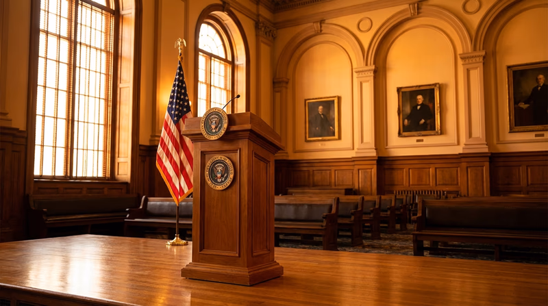 A podium with an American flag and the presidential seal in a grand setting, evoking the gravitas of a nationally important speech