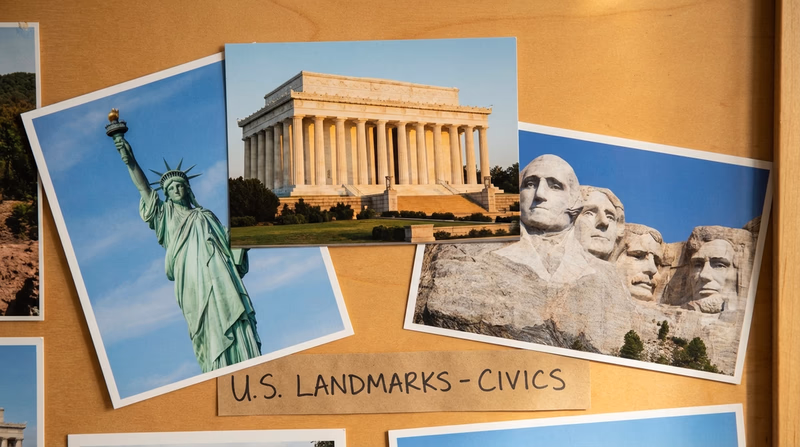 A scenic collage featuring the Lincoln Memorial, the Statue of Liberty, and Mount Rushmore against a blue sky background