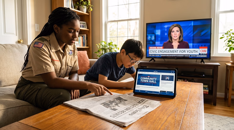 A collage showing different ways to consume news — a newspaper, a TV screen showing a news broadcast, and a smartphone displaying a news app — arranged on a coffee table