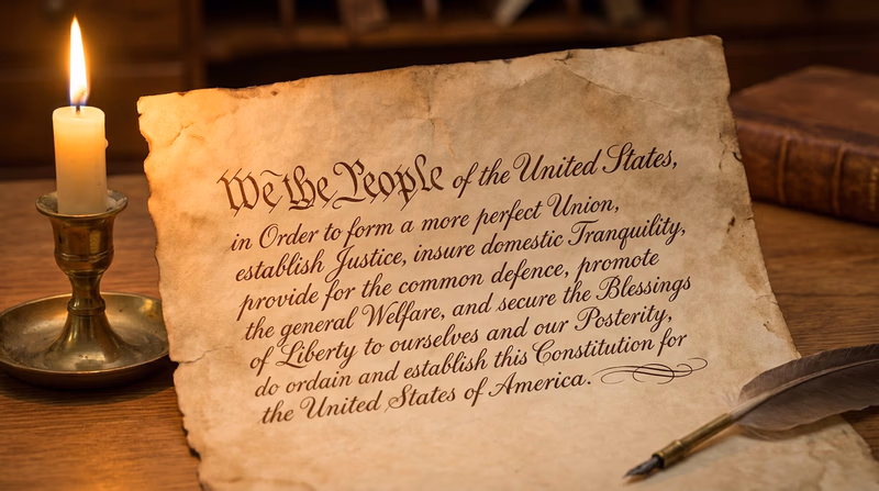 A beautifully rendered calligraphy version of the Preamble to the U.S. Constitution on aged parchment paper