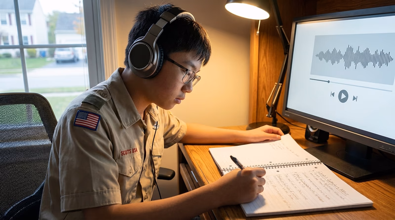 A Scout wearing headphones at a computer, listening to a historic speech recording with a notebook open for notes