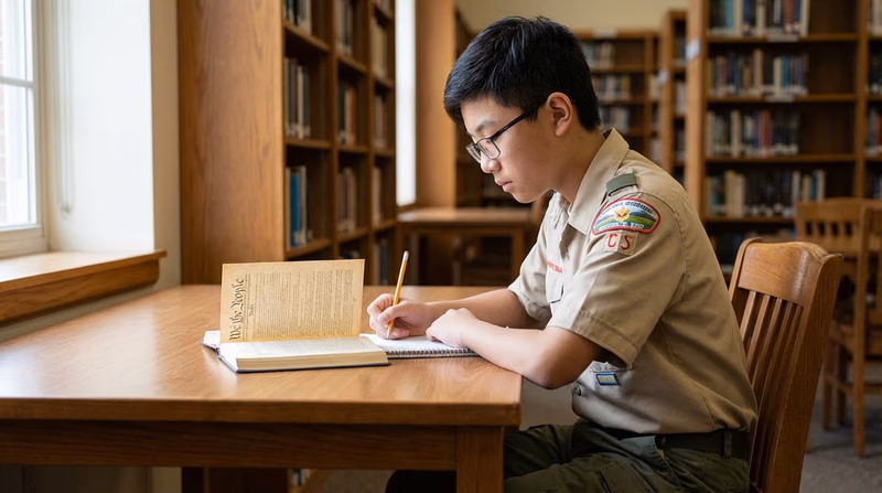 A Scout sitting at a library table with a copy of the Constitution open, taking notes in a notebook