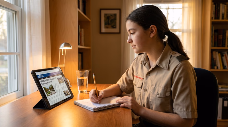 A Scout sitting at a desk with a tablet showing a news website, taking notes in a spiral notebook with a pencil