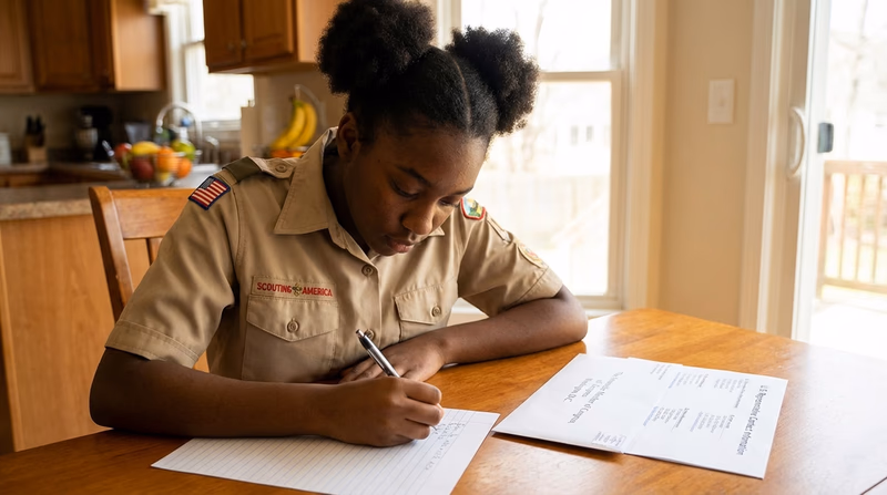 A Scout sitting at a kitchen table writing a letter by hand, with an envelope addressed to a member of Congress and a printed copy of the representative's contact information nearby
