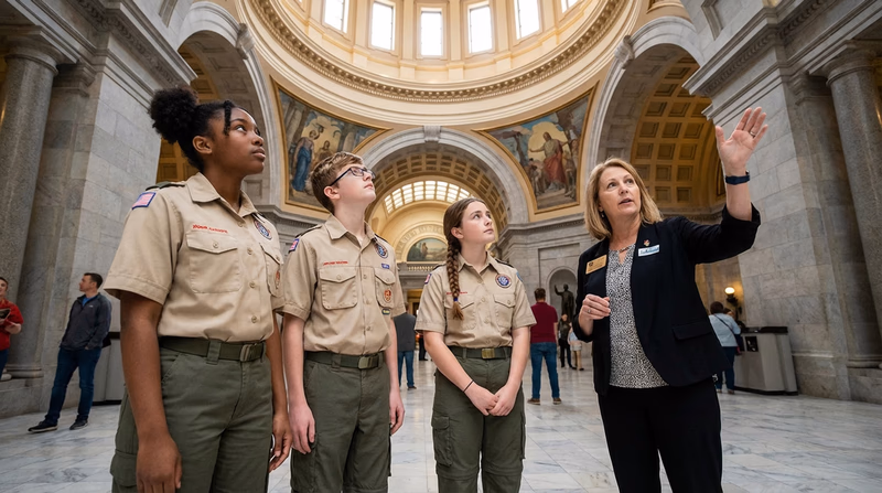 A group of Scouts in clean uniforms walking through the rotunda of a state capitol building, looking up at the dome with a tour guide gesturing toward the architecture