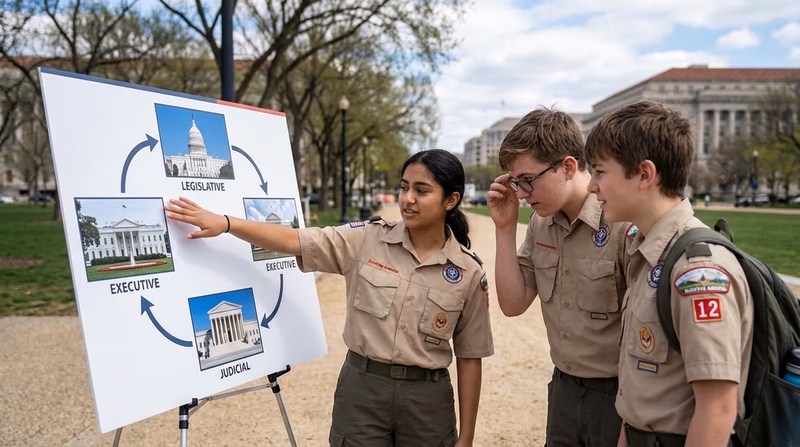 An illustrated diagram showing the three branches of government — the Capitol building for Legislative, the White House for Executive, and the Supreme Court building for Judicial — connected by arrows representing checks and balances
