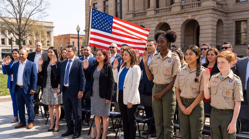 A diverse group of people raising their right hands and taking the Oath of Allegiance at a naturalization ceremony, with an American flag in the background