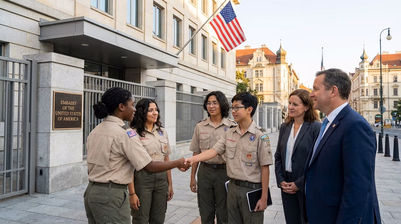 An illustrated embassy building with the U.S. flag flying outside, showing diplomats greeting visitors at the entrance