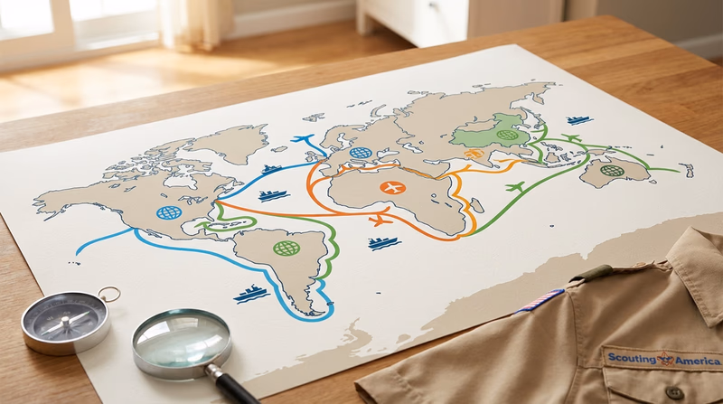 An illustrated world map showing colorful lines connecting different continents, representing trade routes, communication networks, and international partnerships