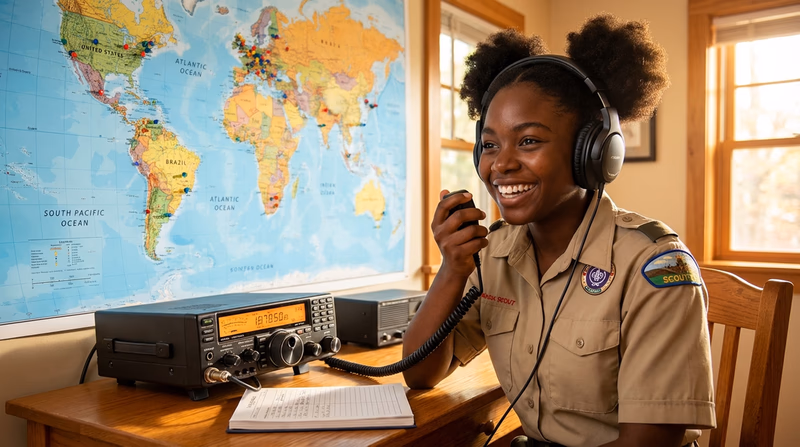 A Scout wearing headphones and speaking into a ham radio microphone with a world map on the wall behind them