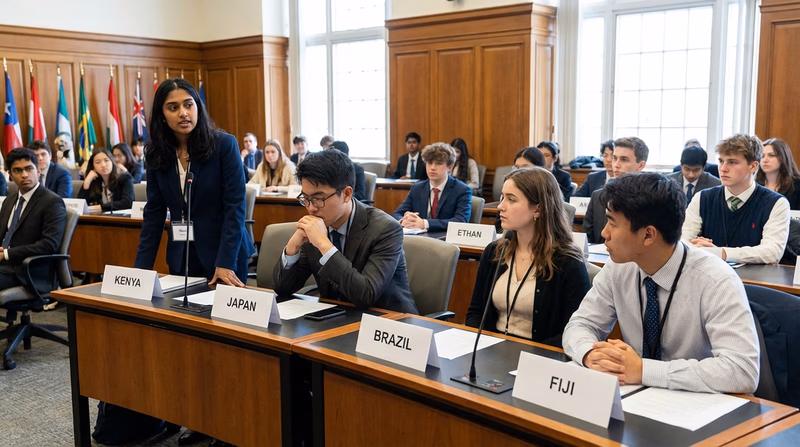 Students in business attire seated at desks with country nameplates, participating in a Model United Nations conference
