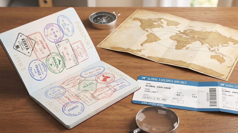 An illustrated open passport with visa stamps from various countries, alongside a boarding pass and a small world map