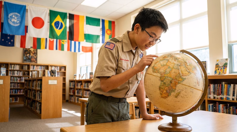 A Scout studying a large globe with international flags in the background, looking curious and engaged