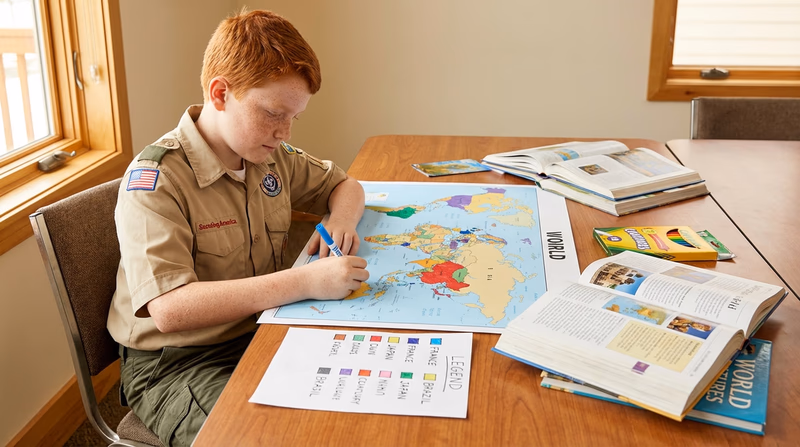 A Scout working on a world map poster at a table, coloring in countries with different markers and creating a legend