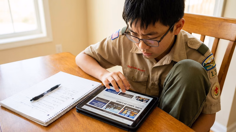 A Scout sitting at a table with a tablet showing a world news website, with a notebook and pen nearby for taking notes