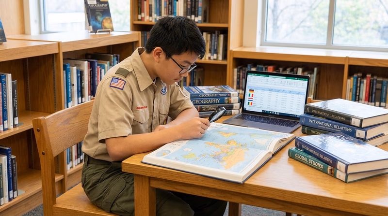 A Scout at a library table with an atlas open to a world map, surrounded by books and a laptop showing country data