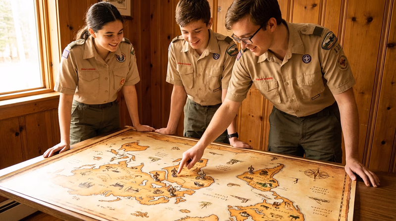 A colorful illustrated world map with Scout emblems pinned to different continents, showing the global reach of the Scouting movement