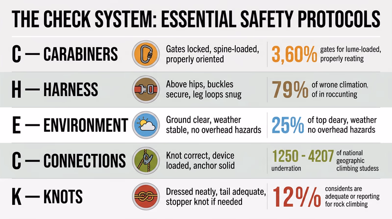 Infographic showing the five elements of the CHECK system: Carabiners, Harness, Environment, Connections, and Knots