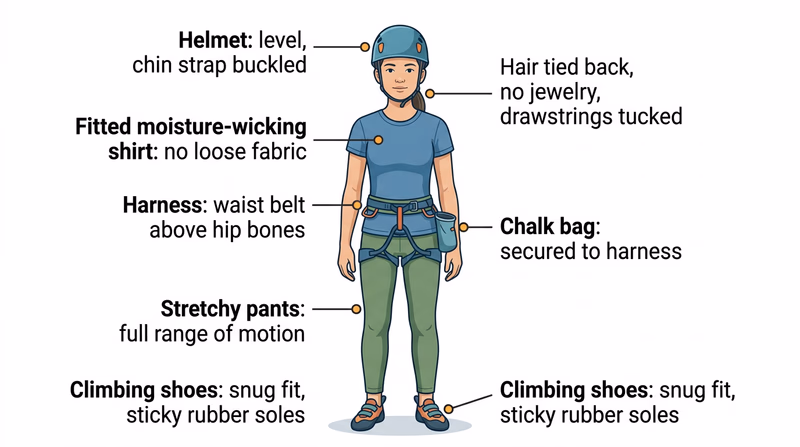 Labeled diagram of a properly dressed climber showing fitted pants, moisture-wicking shirt, climbing shoes, harness, helmet, and chalk bag with callouts