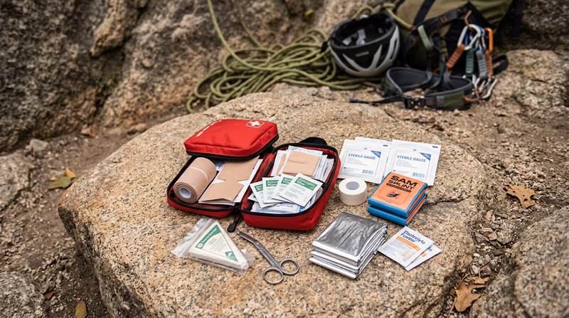 A compact climbing first aid kit laid open showing elastic bandage, moleskin, antiseptic wipes, gauze, athletic tape, emergency blanket, and SAM splint