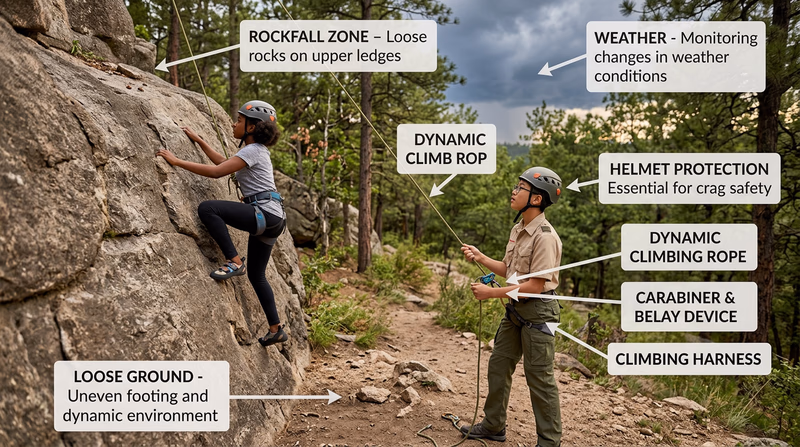 Outdoor rock climbing scene with labeled hazard zones including rockfall zone above, weather approaching, loose ground at base, and climber wearing helmet