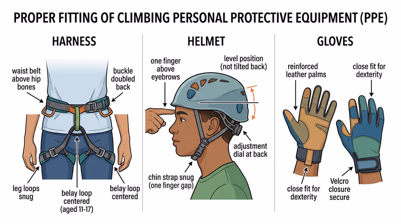 Three-panel diagram showing proper fitting of climbing harness, helmet, and rappelling gloves with labeled adjustment points